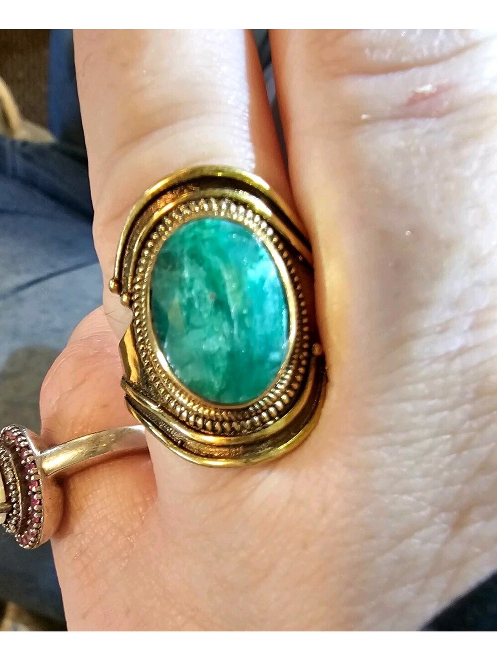 Vintage Brass Natural Faceted Emerald Statement Ring Size 8 Unisex Men Women
